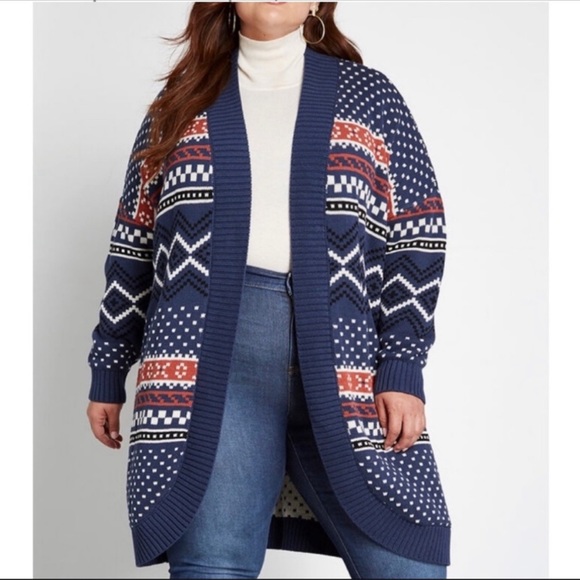 Modcloth Fair Isle Long Line Open Front Cardigan Sweater Blue Boho Western Sm - Picture 2 of 11